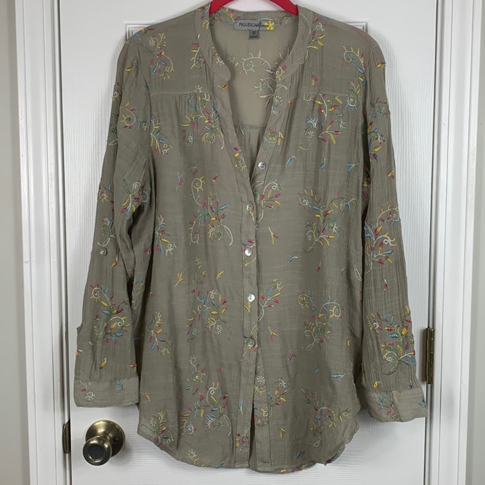 Figueroa & Flower beiges long sleeved top, button down size medium. Embroidered